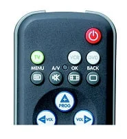 De aan- en uitknop op de afstandsbediening: de rode kleur, bovenaan en icoontje zijn standaard.