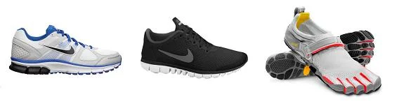Loopschoenen Nike Pegasus (neutraal), Nike Free 3.0 (half minimalistisch) en Vibram FiveFingers (minimalistisch)